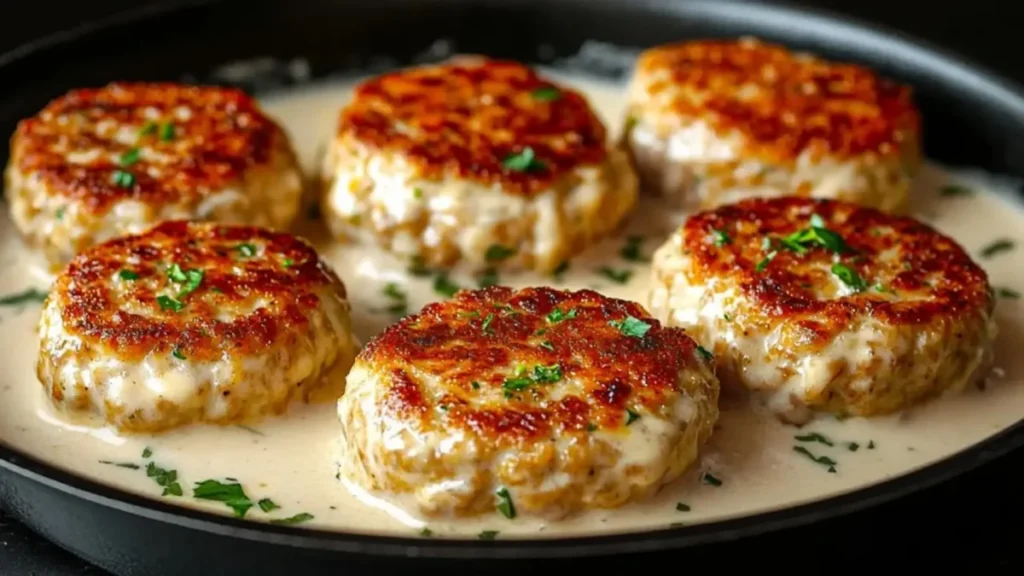 کتلت‌های گوشت و سیب زمینی سرخ شده و ترد که در سس خامه غلیظ داخل تابه در حال پخت هستند