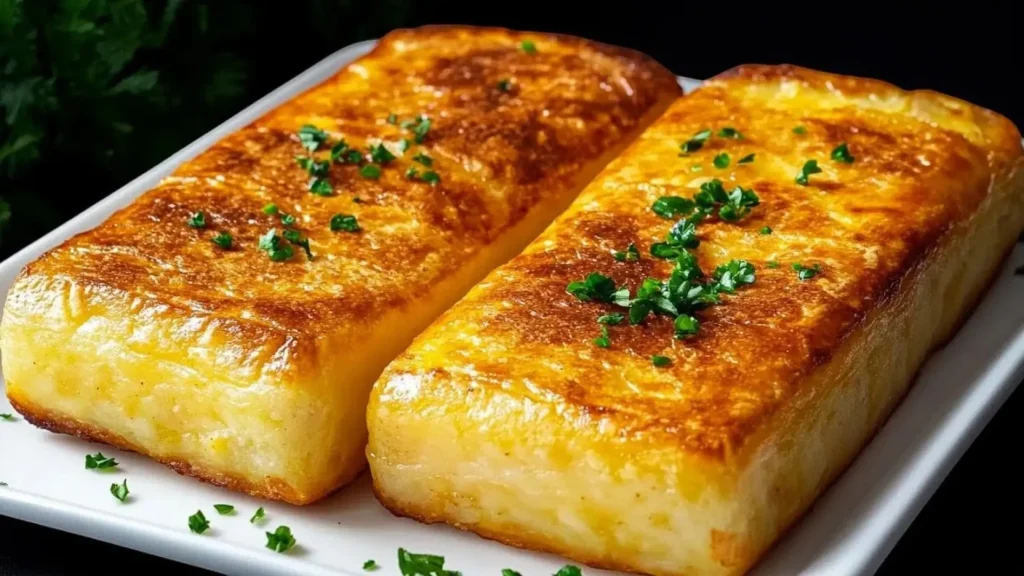 دو عدد کوکو سیب زمینی مستطیلی و ضخیم سرخ شده حاوی سوسیس و پنیر با تزیین جعفری در بشقاب سفید