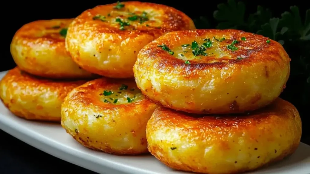 کوکوهای سیب زمینی ضخیم و طلایی سرخ شده با مغز سبزیجات و پنیر چیده شده در دیس سفید