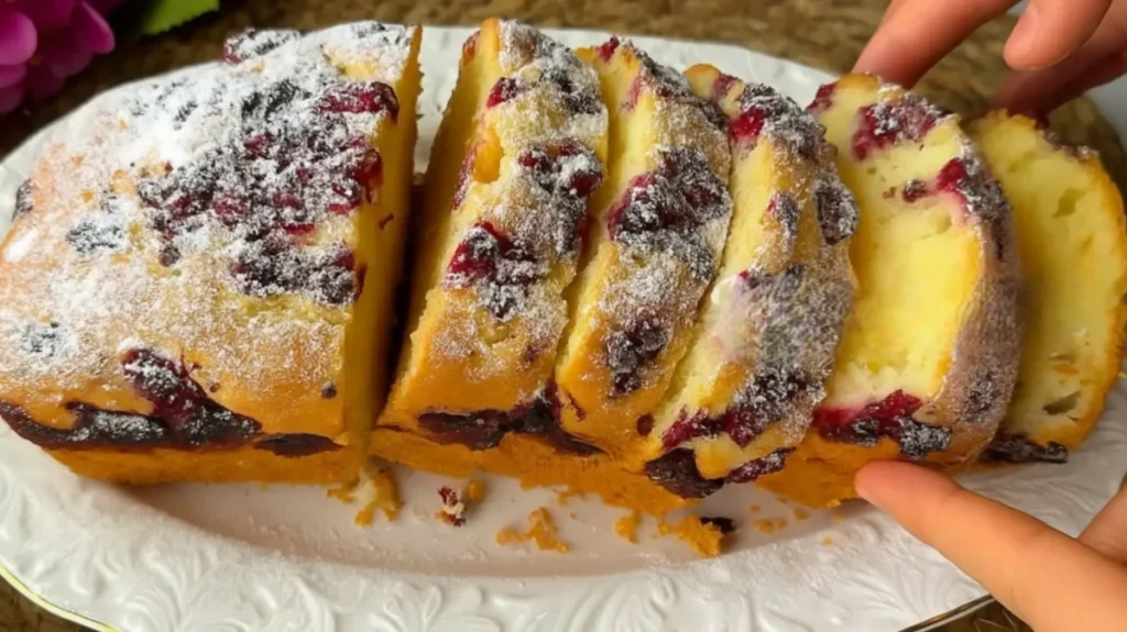 کیک لوف اسلایس شده با تکه‌های توت قرمز و پودر قند، کیک عصرانه بافت دار با خامه ترش و میوه