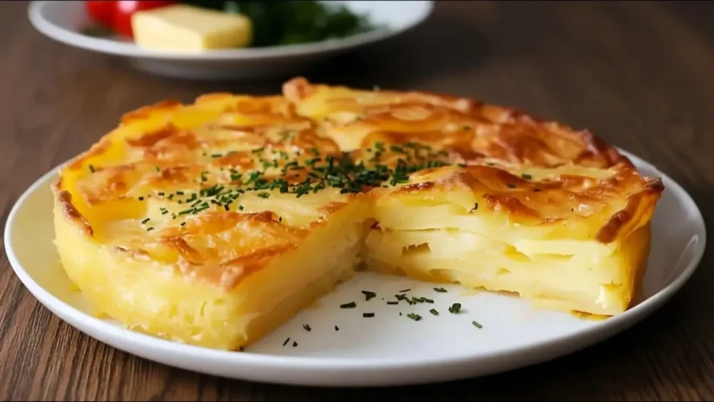 گراتن سیب زمینی لایه‌ای پخته شده با رویه طلایی و برش خورده در بشقاب سفید