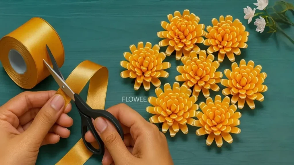 آموزش ساخت گل داوودی با روبان ساتن زرد و قیچی