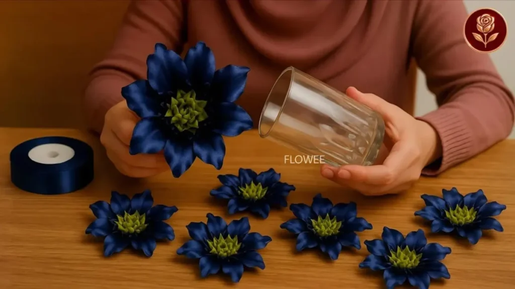 آموزش گلسازی با روبان ساتن آبی و استفاده از لیوان شیشه‌ای به عنوان ابزار