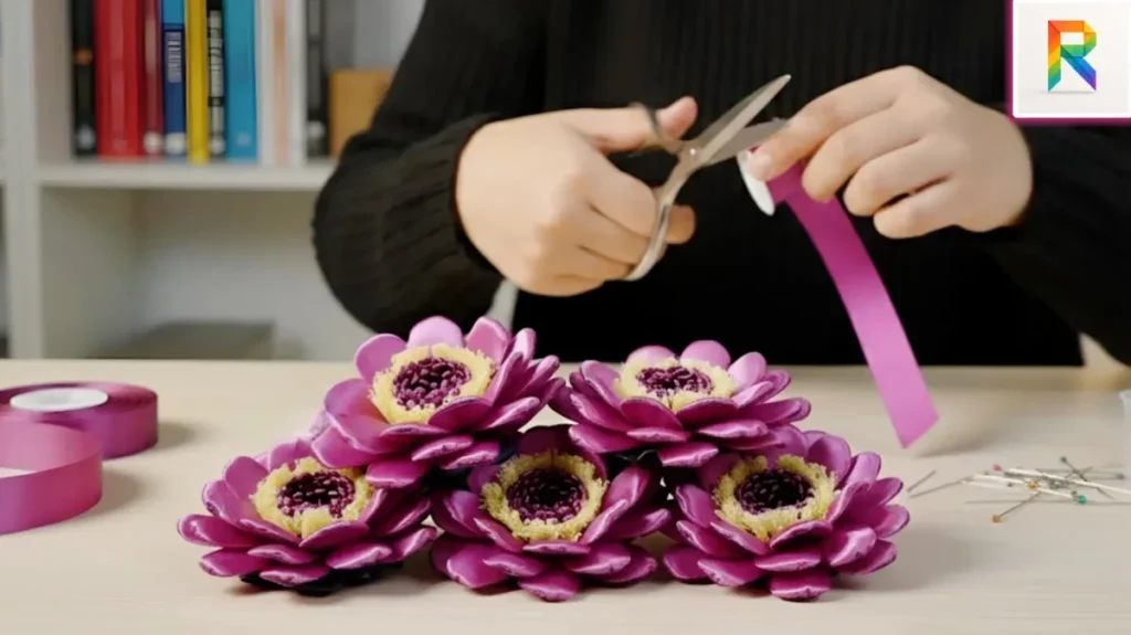 ساخت گل نیلوفر با روبان ساتن بنفش، آموزش گل سازی با روبان در منزل، برش زدن روبان با قیچی، گل پارچه ای چند لایه برای تزیین گیره سر، کاردستی خلاقانه با روبان.