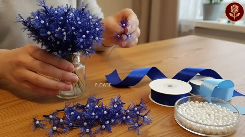 آموزش ساخت گل‌های آبی رنگ تزیینی با استفاده از روبان ساتن ریش‌ریش شده و مهره‌های مروارید سفید که در یک گلدان شیشه‌ای چیده شده‌اند.