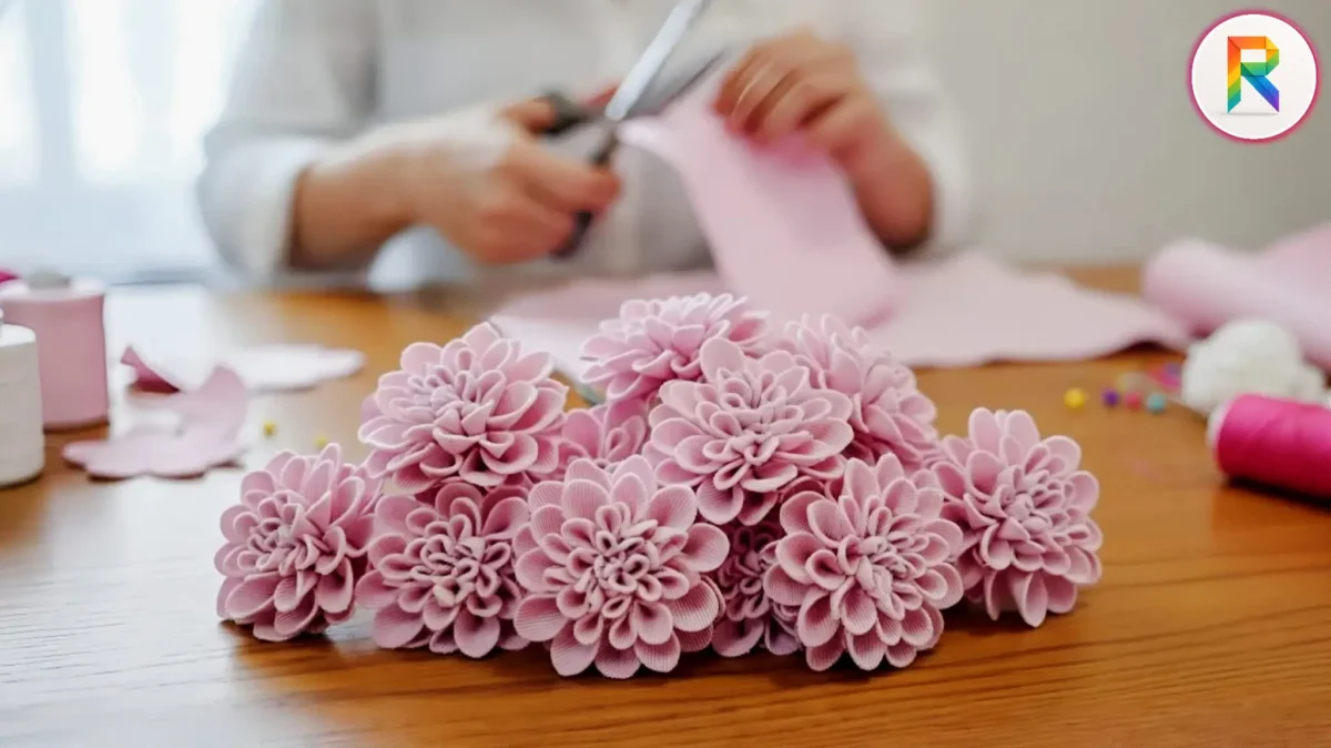 ساخت گلهای پارچهای صورتی رنگ مدل کوکب، کاردستی با پارچه و قیچی، گلهای دستساز تزیینی روی میز چوبی، هنر گلسازی با تکه پارچه برای تزیین لباس و کوسن.