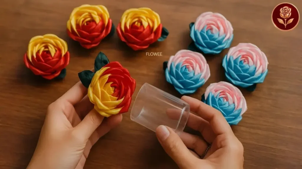 مراحل ساخت گل رز با روبان دو رنگ (زرد و قرمز، صورتی و آبی) با استفاده از قالب بطری پلاستیکی