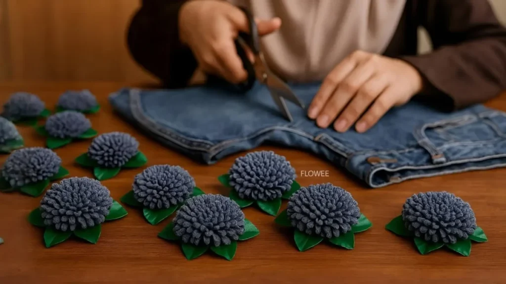 آموزش ساخت گل با پارچه لی، بازیافت شلوار جین قدیمی، کاردستی با شلوار لی کهنه، ساخت گل داوودی پارچه‌ای، تزیینات دست ساز با پارچه دنیم، گل سینه با پارچه جین، ایده خلاقانه برای استفاده از لباس‌های دورریختنی.