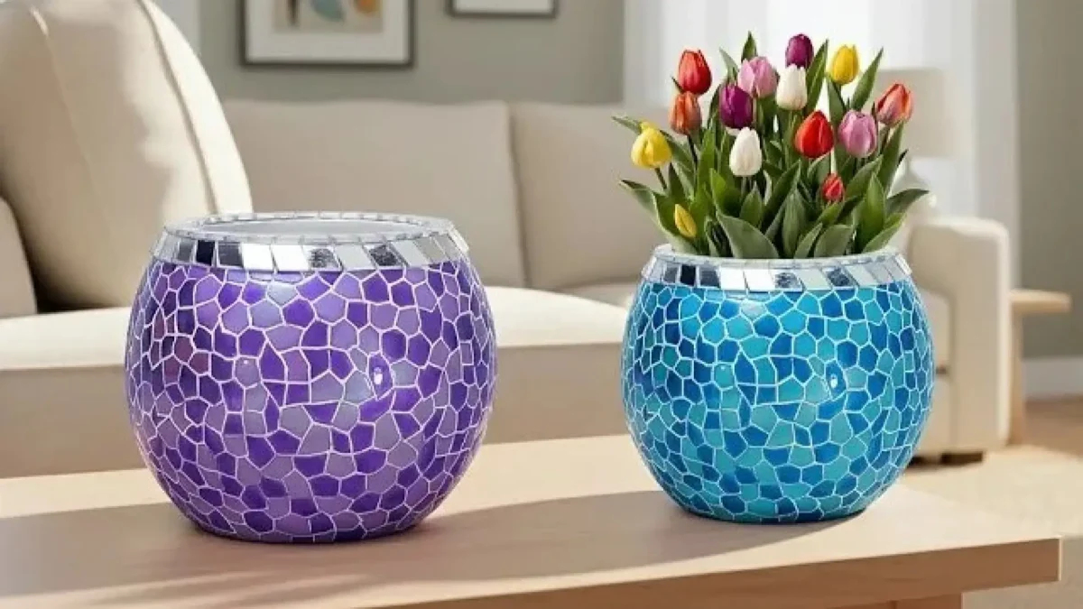 گلدان دکوری دستساز طرح موزاییک ساخته شده با خمیر روزنامه و گچ