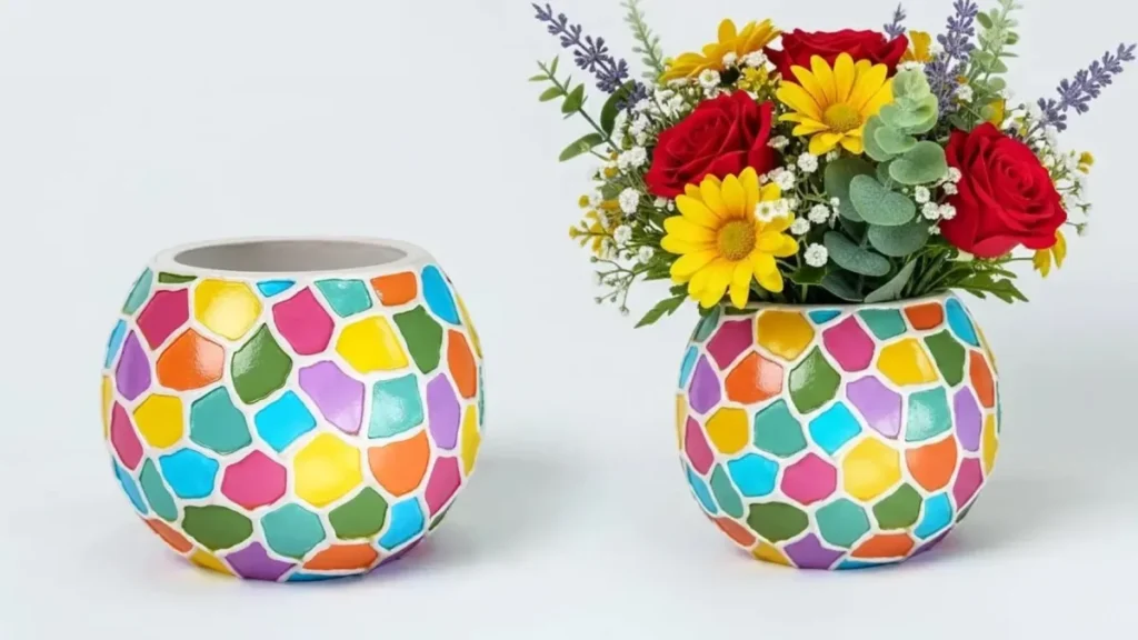گلدان گرد گچی با طرح موزاییک رنگارنگ، کاردستی با گچ و بادکنک، نقاشی طرح کاشی شکسته روی گلدان دست ساز، گلدان رومیزی فانتزی برای گل های طبیعی و مصنوعی، ایده ساخت گلدان در خانه.