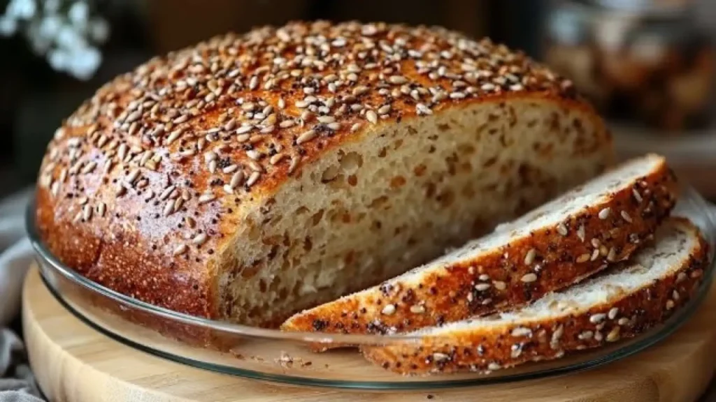 نان بدون آرد و گلوتن با دانه‌های مغذی و مغزها، پخته‌شده در فر با سطح طلایی و پوشیده از کنجد و تخمه آفتابگردان